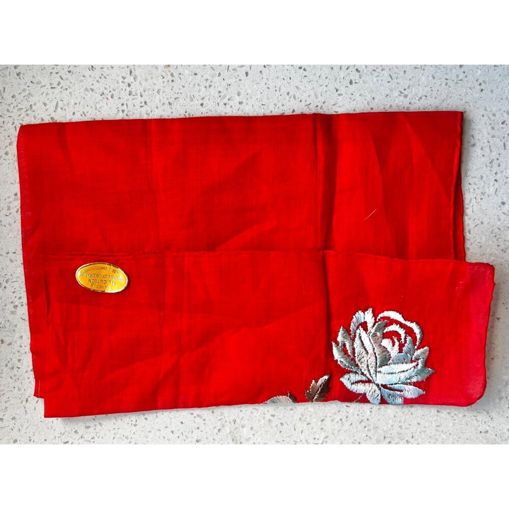 Vintage Red Swiss Cotton Handkerchief With Silver Rose Embroidery New - Picture 9 of 9